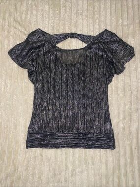 Vanity Black Silver Metallic Scoop Neck Flutter Sleeve Open Shoulder Blouse